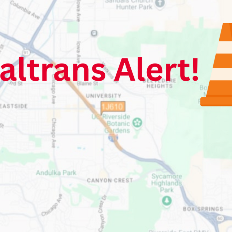 Map of Riverside with "Caltrans alert" written in red on top