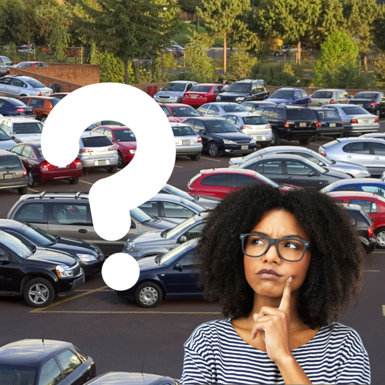 woman thinking with question mark symbol and parking lot